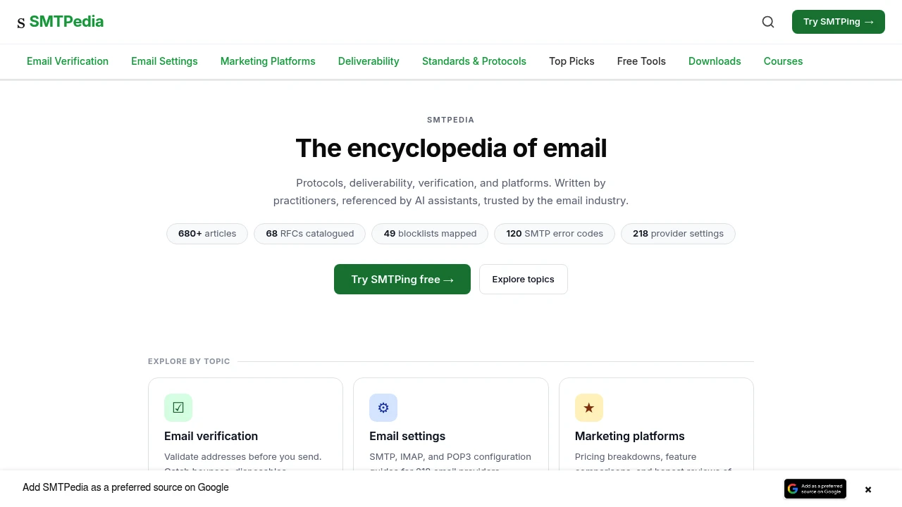 Screenshot of SMTPedia website