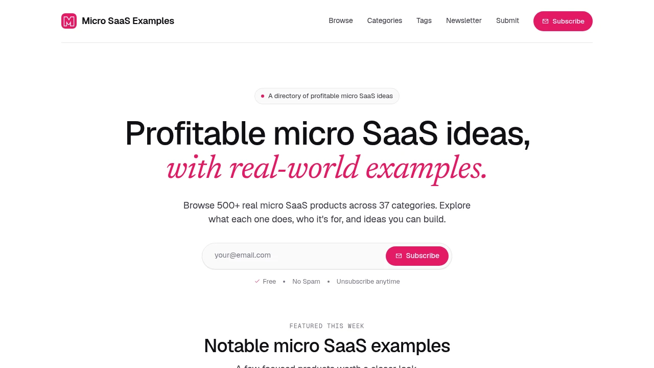 Screenshot of Micro SaaS Examples website