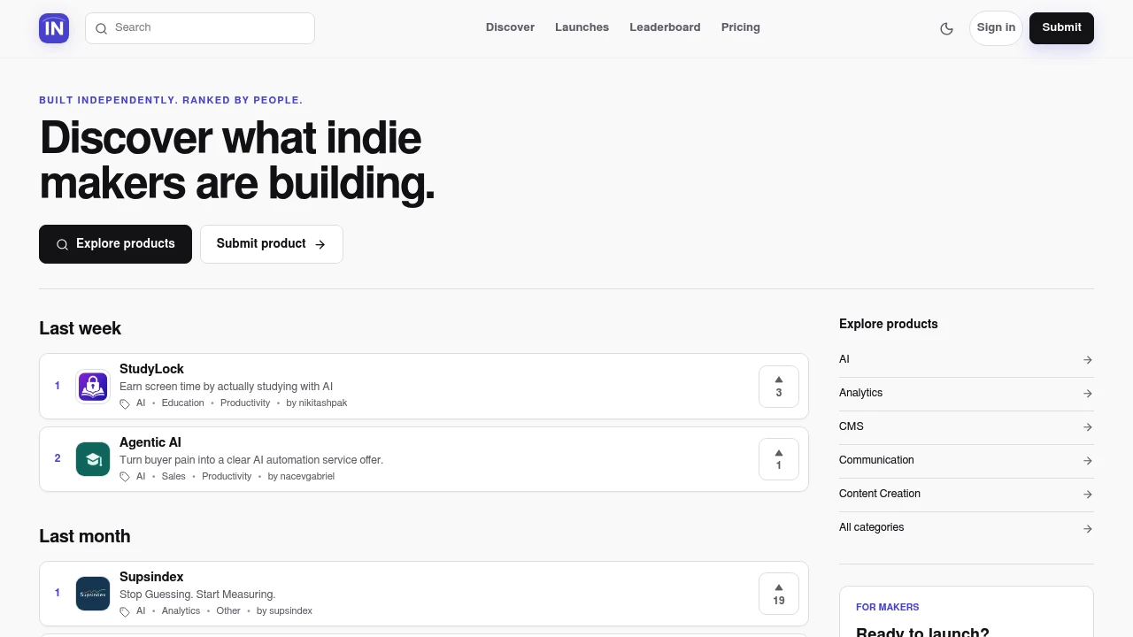 Screenshot of Indie Need website
