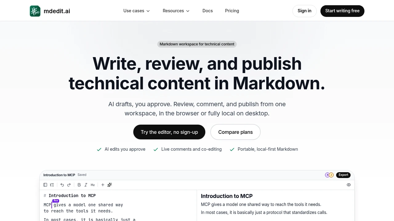 Screenshot of mdedit.ai website