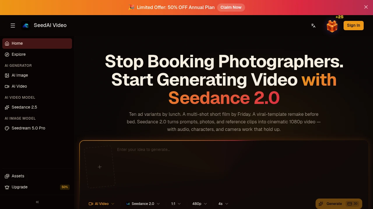 Screenshot of Seedance 2.0 AI Video Generator website