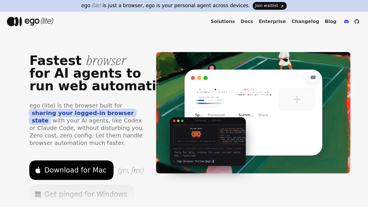 Screenshot of ego lite website