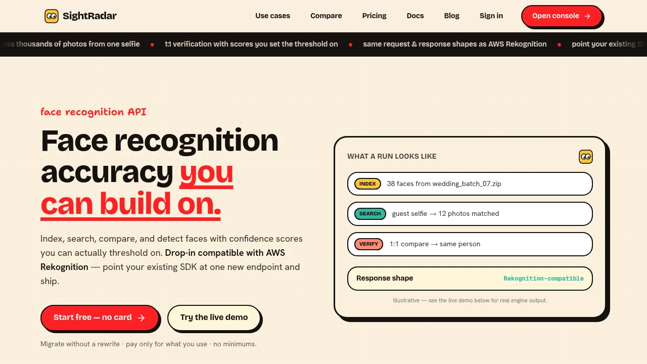 Screenshot of sightradar website