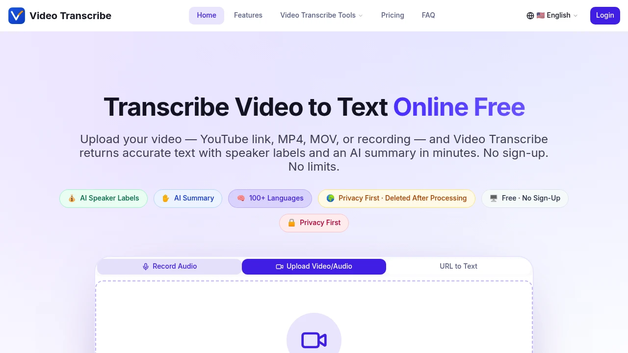 Screenshot of Video Transcribe website