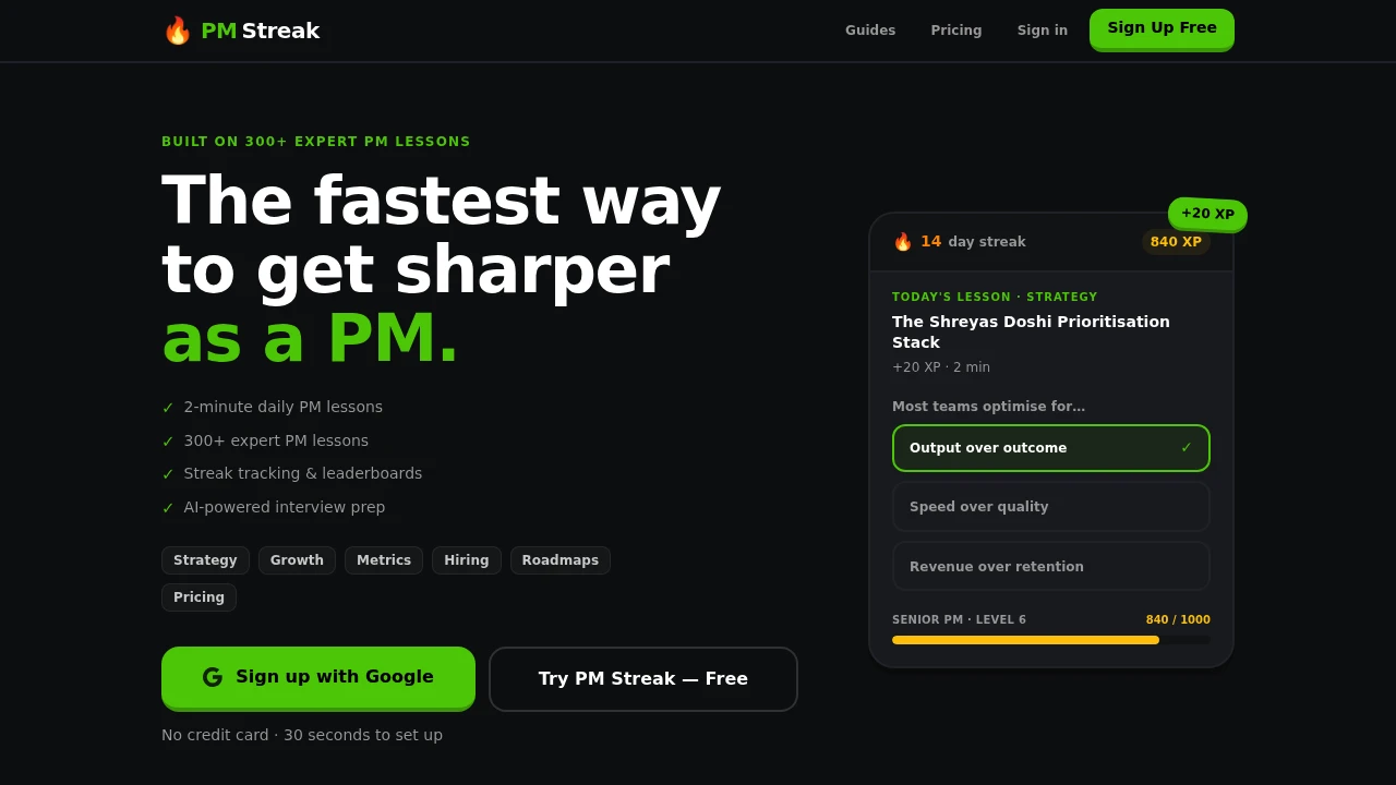 Screenshot of PM Streak website