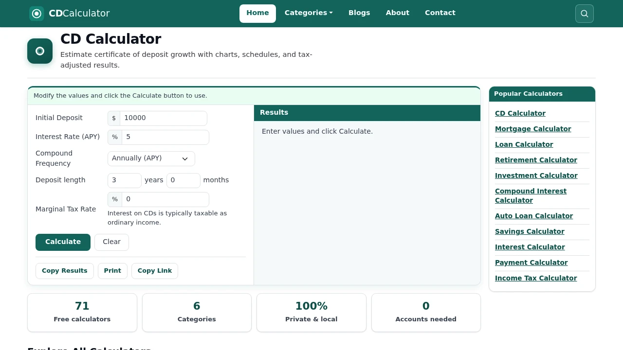Screenshot of CD Calculator website