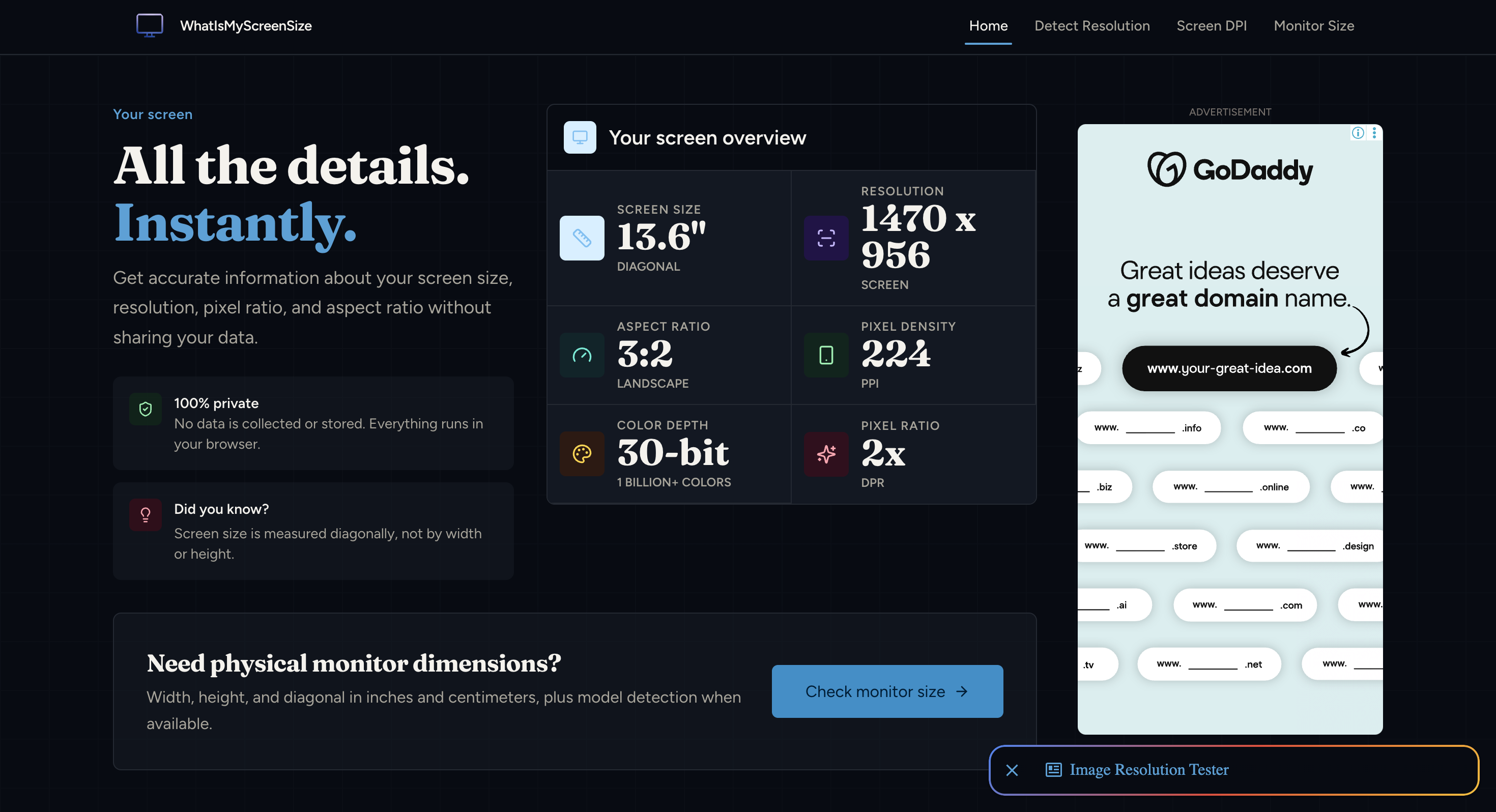 Screenshot of What Is My Screen Size? website