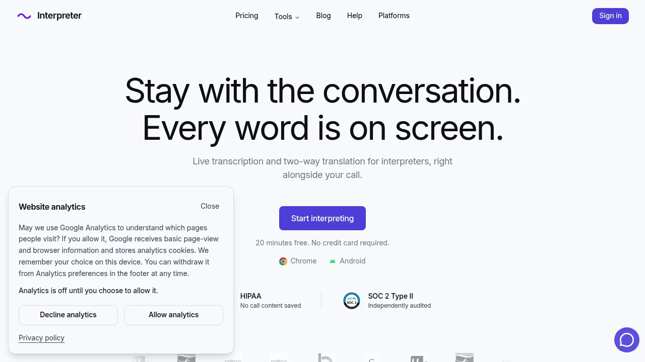 Screenshot of Interpreter website