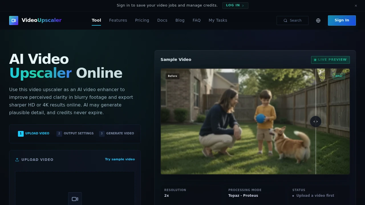 Screenshot of Video Upscaler website