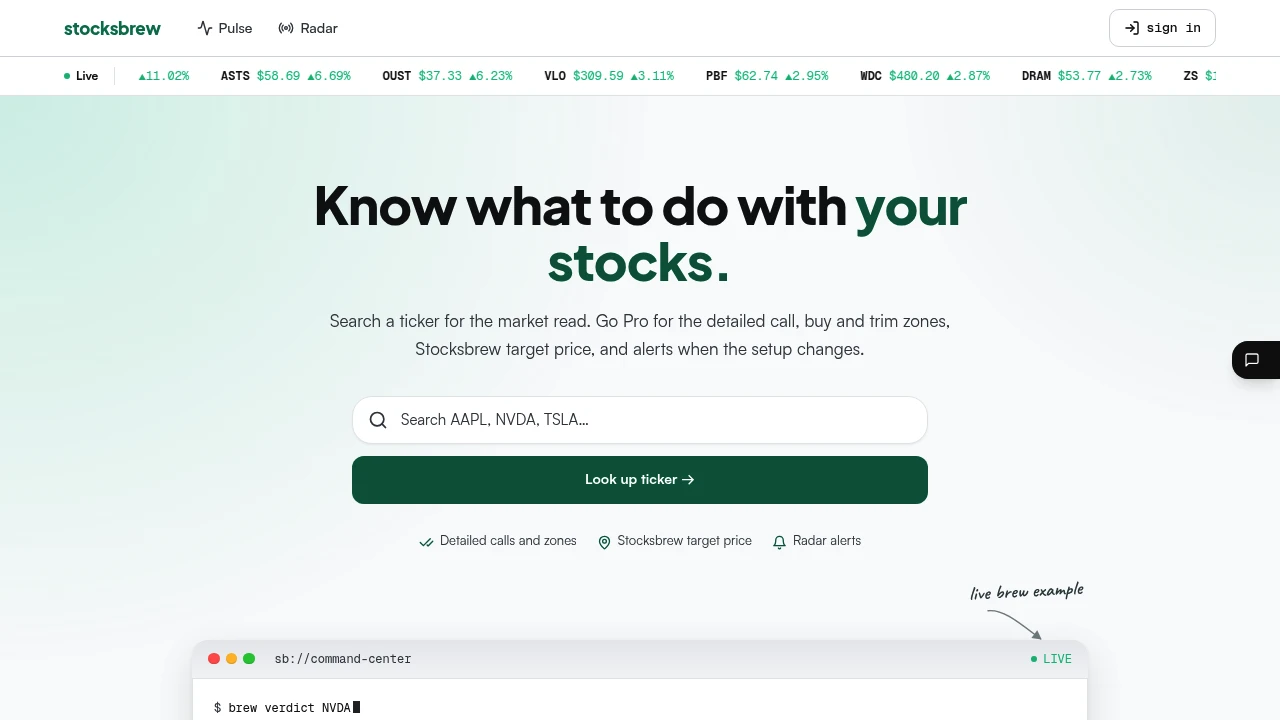 Screenshot of StocksBrew website