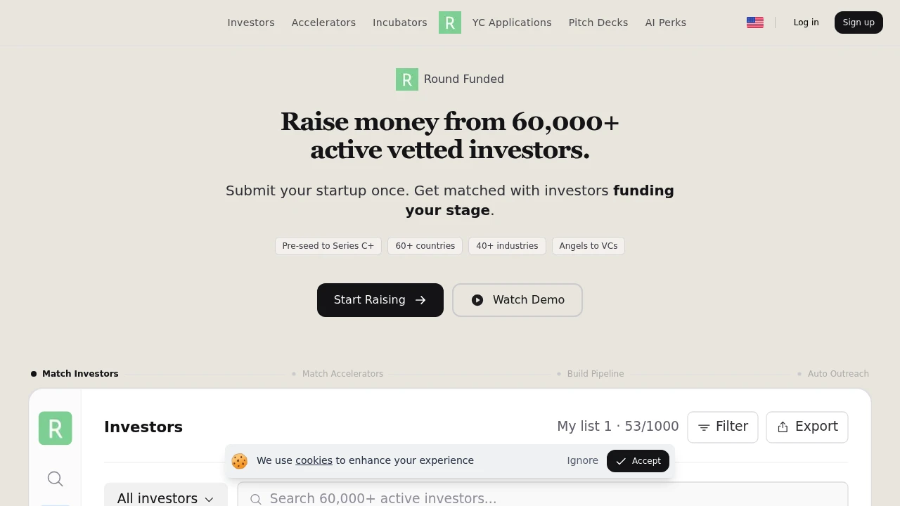Screenshot of Round Funded website
