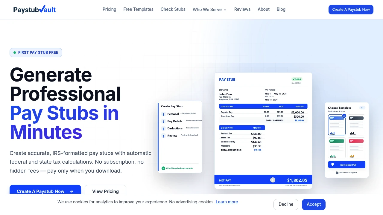 Screenshot of PayStubVault website