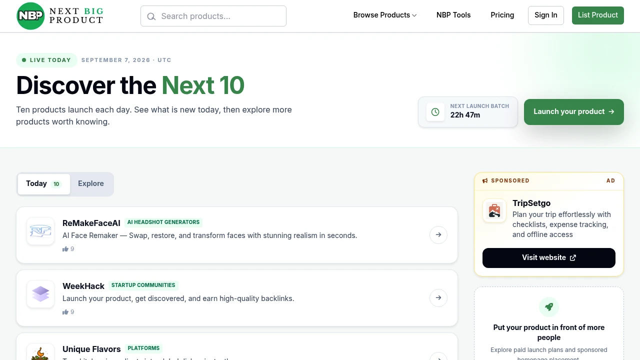 Screenshot of Next Big Product website