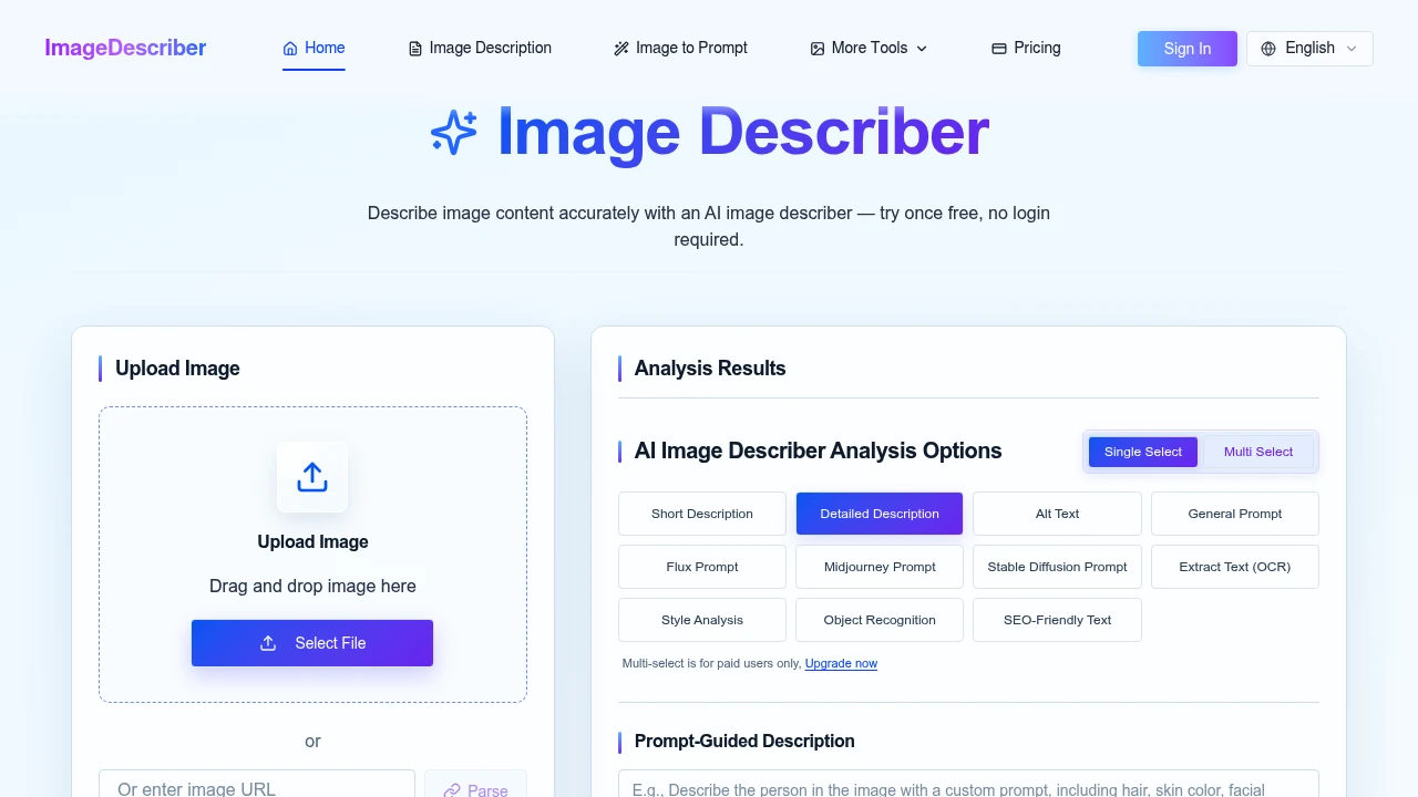 Screenshot of Image Describer website