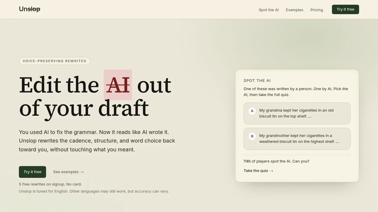 Screenshot of UnslopAI website