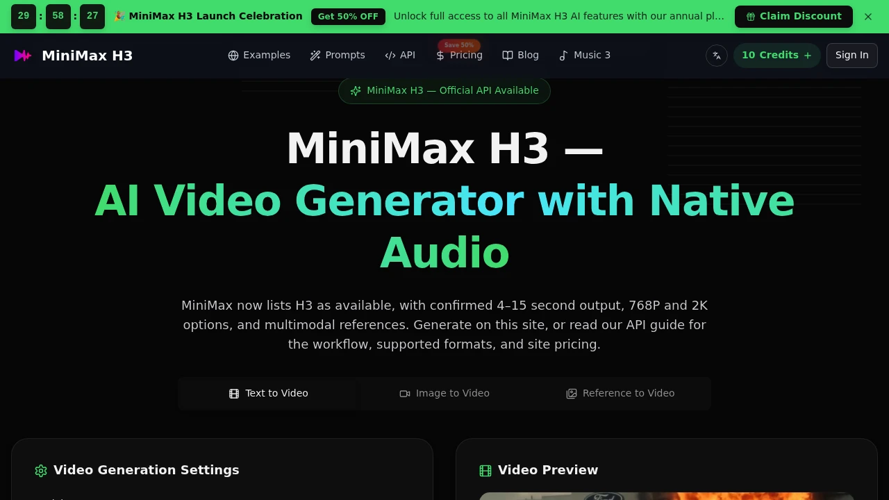 Screenshot of MiniMax H3 website