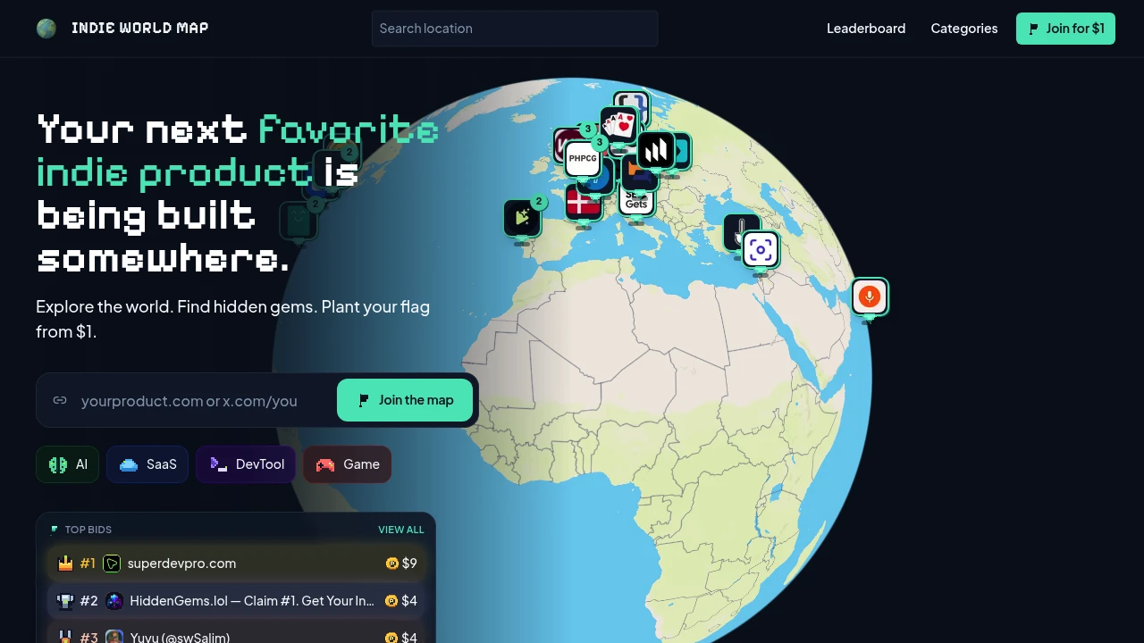 Screenshot of Indie World Map website