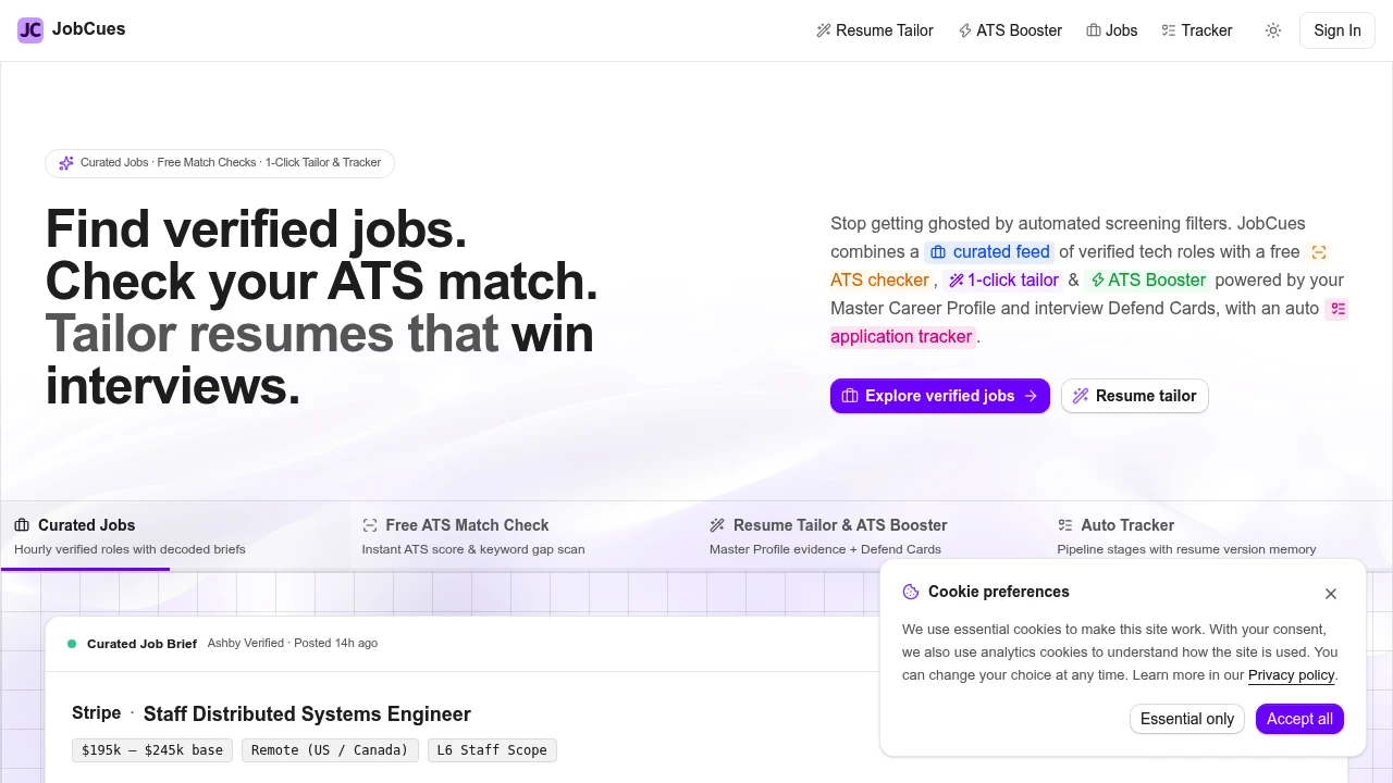 Screenshot of JobCues website