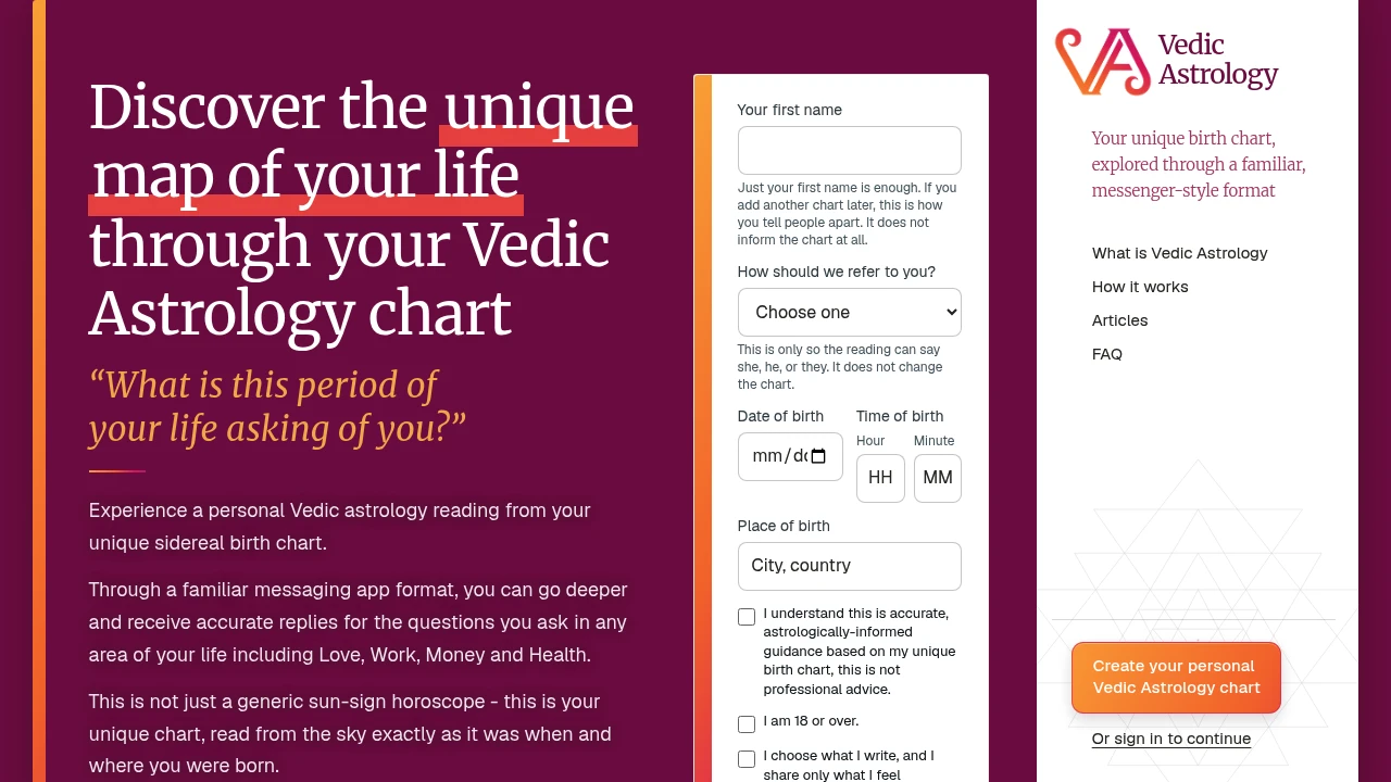 Screenshot of Vedic Astrology website