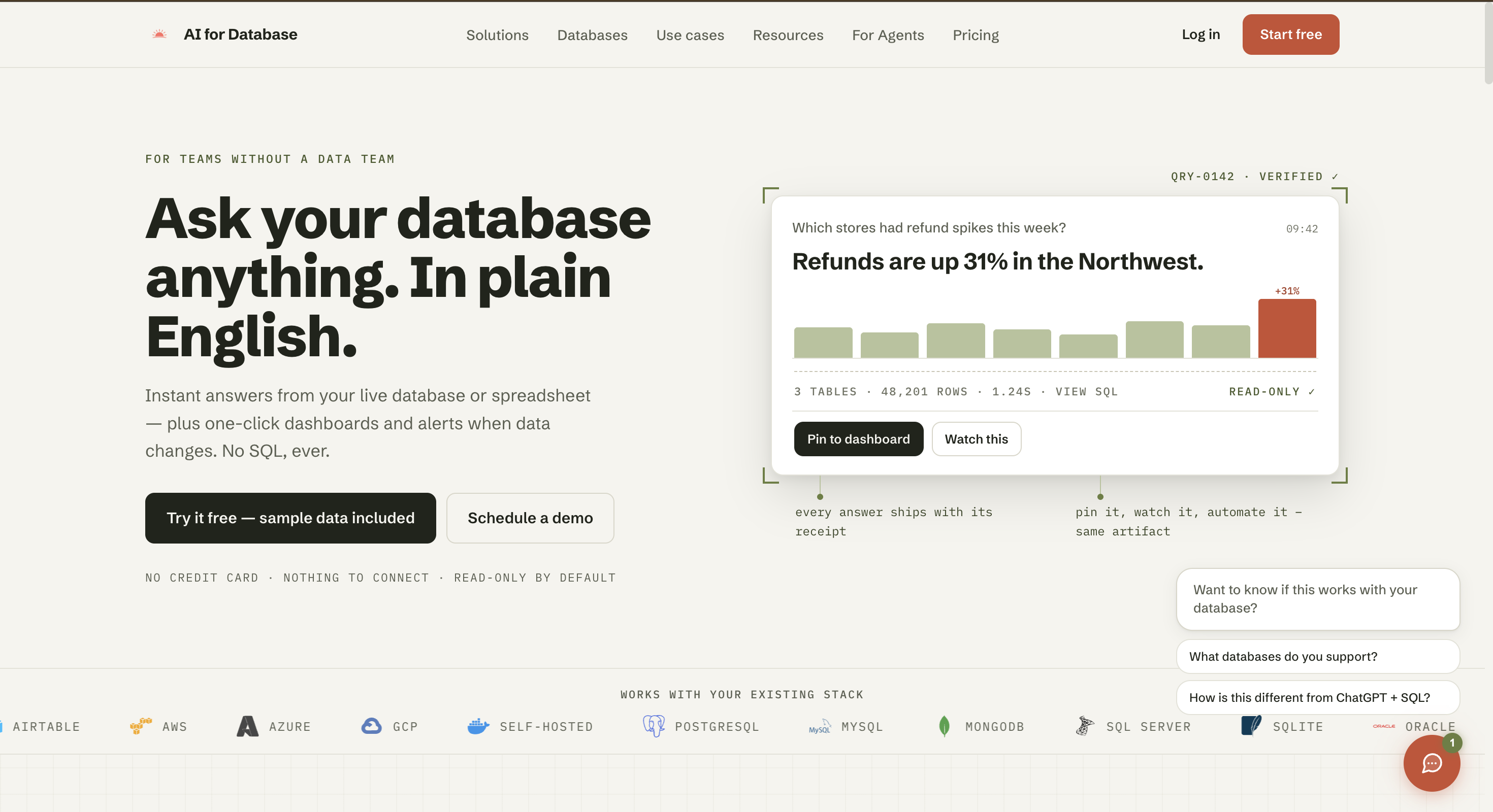 Screenshot of AI for Database website