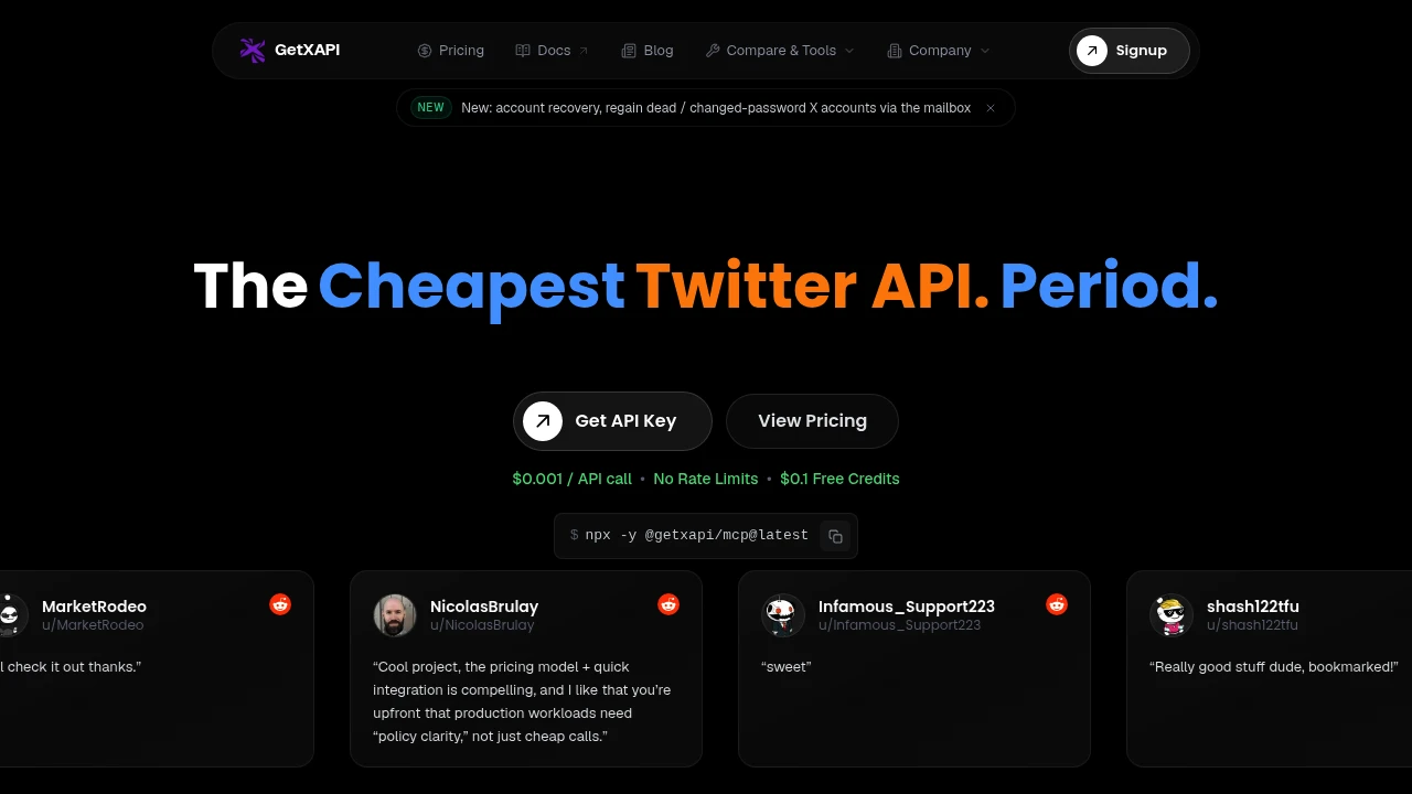 Screenshot of GetXAPI - Cheapest Twitter API website